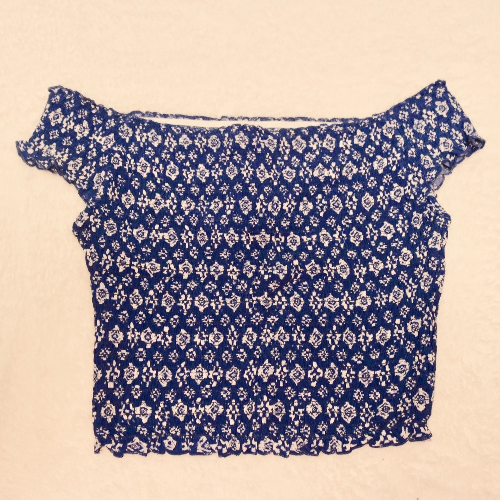 XS Off-Shoulder Blue & White Crop Top NWT